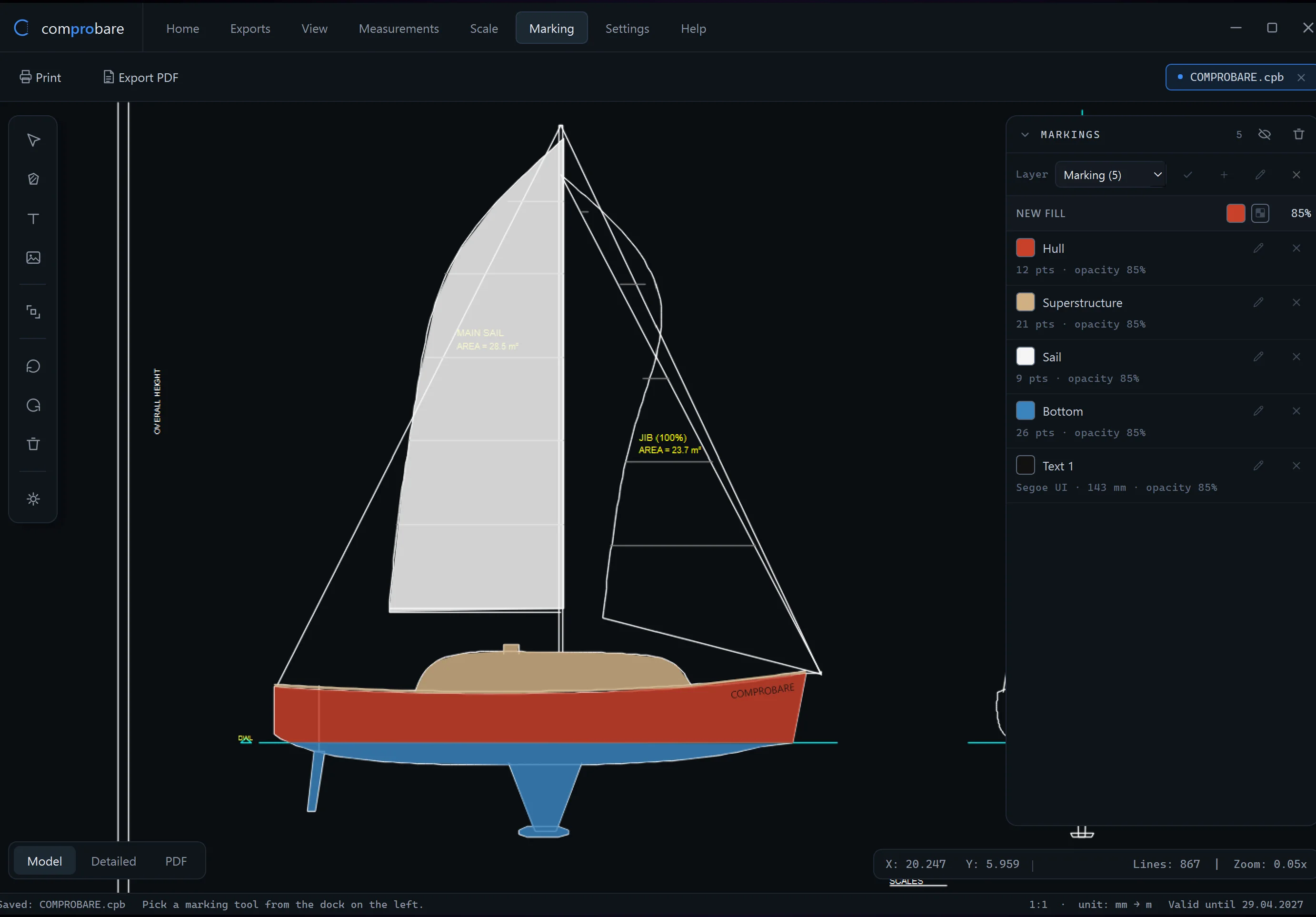 Comprobare Marking tab: the sailboat coloured in with red hull, sand cabin, white sails and blue bottom, with Print and Export PDF buttons.