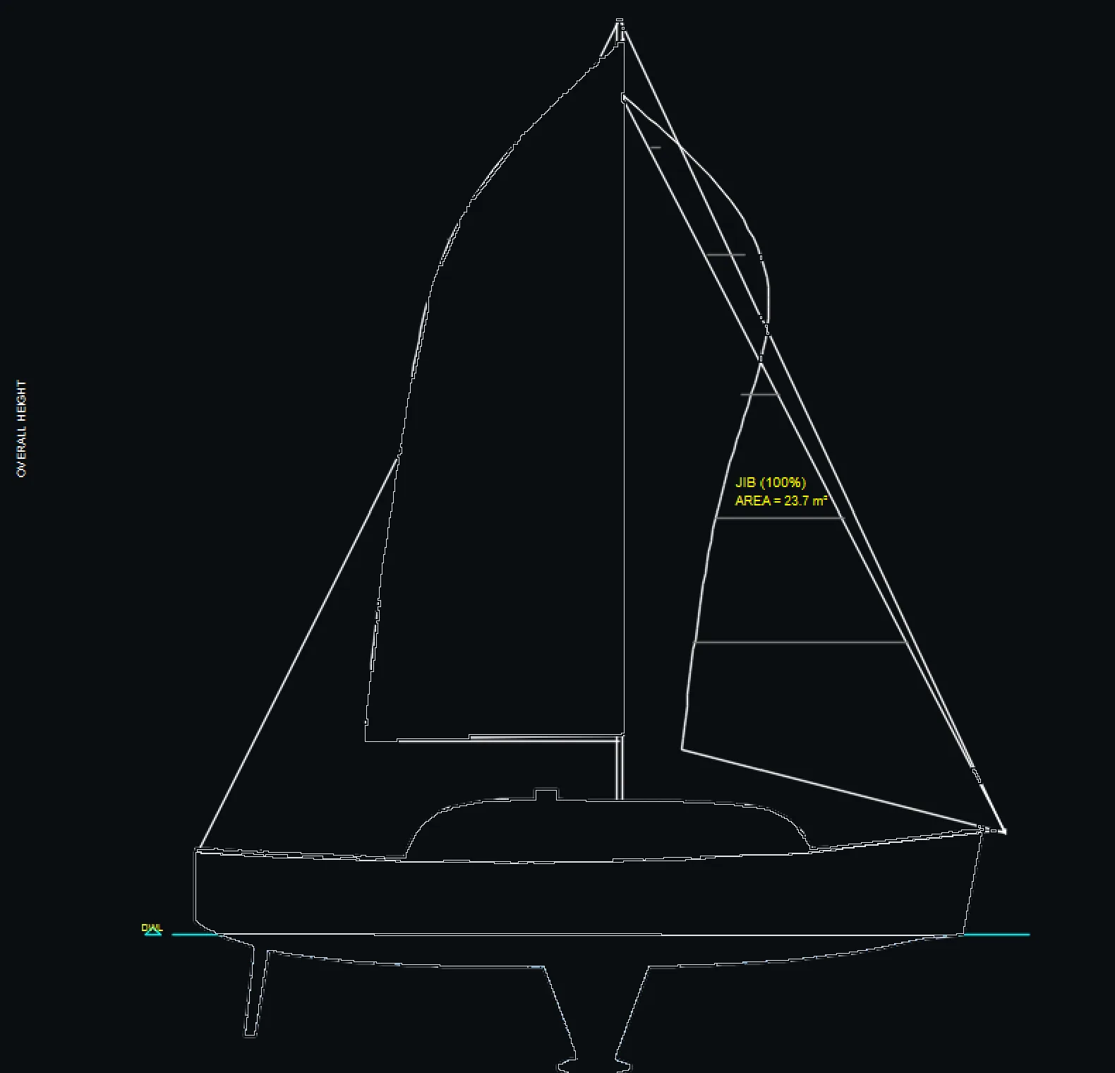 The same sailboat drawing as imported: plain white lines on a dark background.