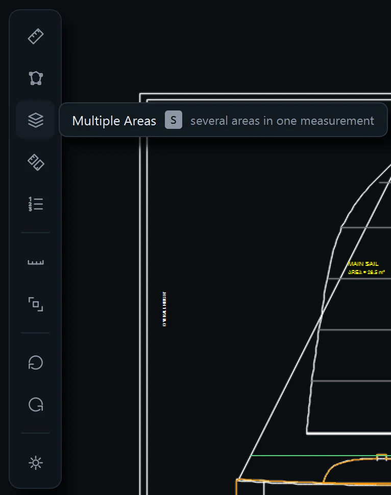 Tool dock with the Multiple Areas tooltip and its S shortcut.