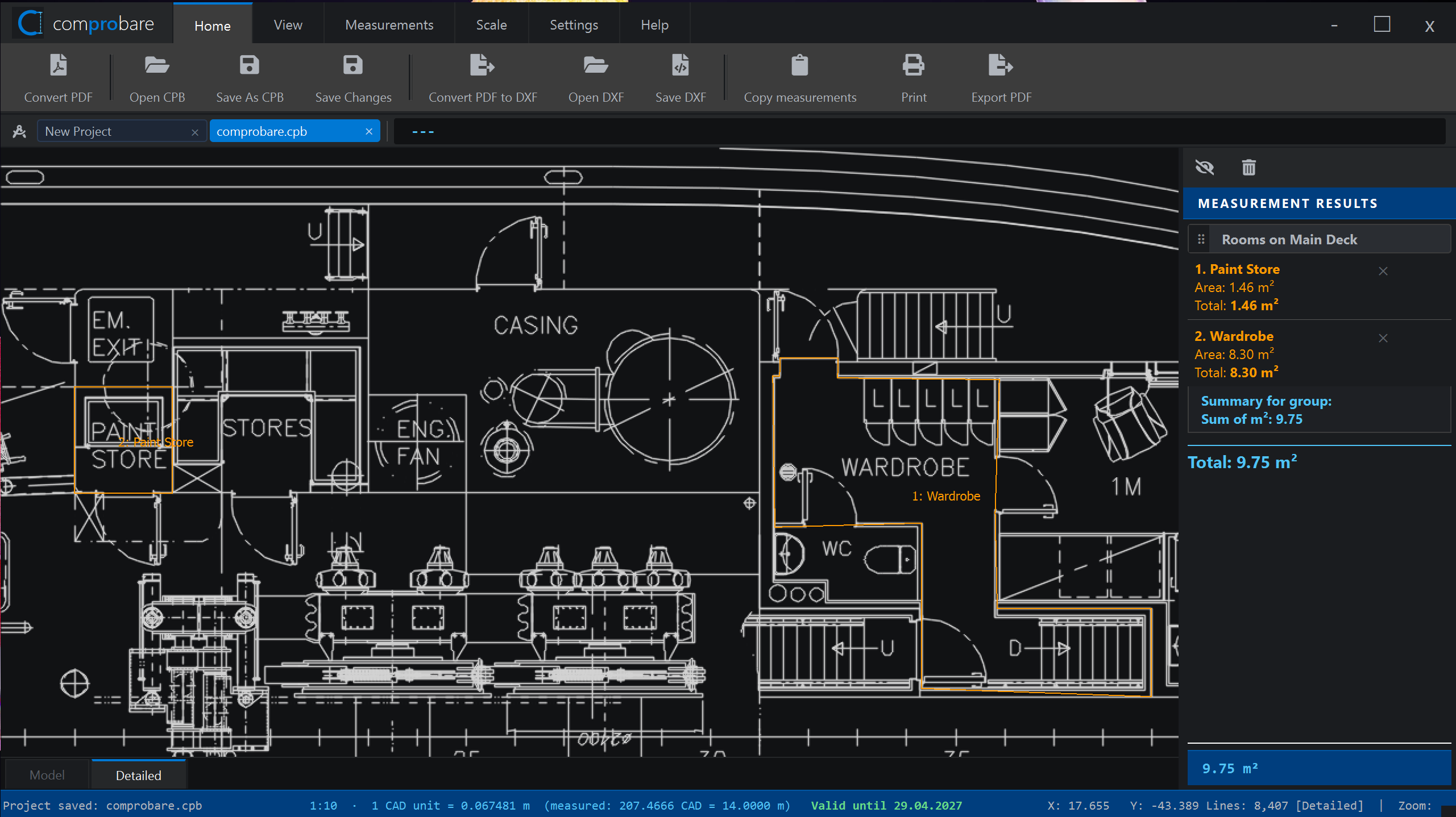 Comprobare main window — detailed engine room plan with measured rooms on the main deck (Paint Store, Wardrobe) and live measurement results panel