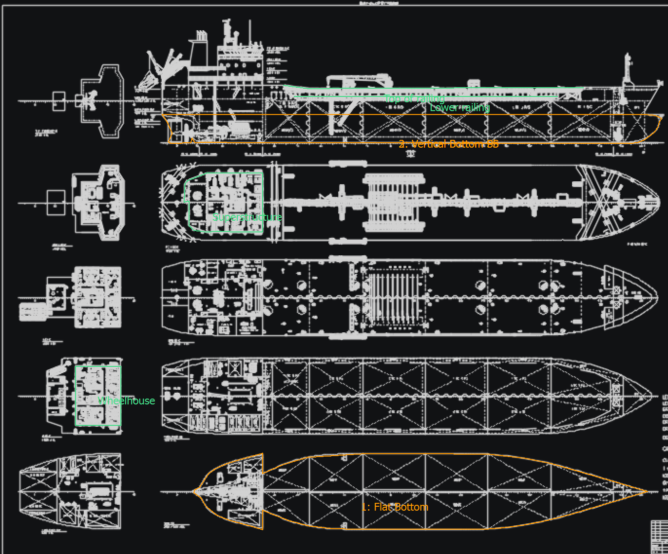 Ship hull plan with multiple area and length measurements drawn in orange and green