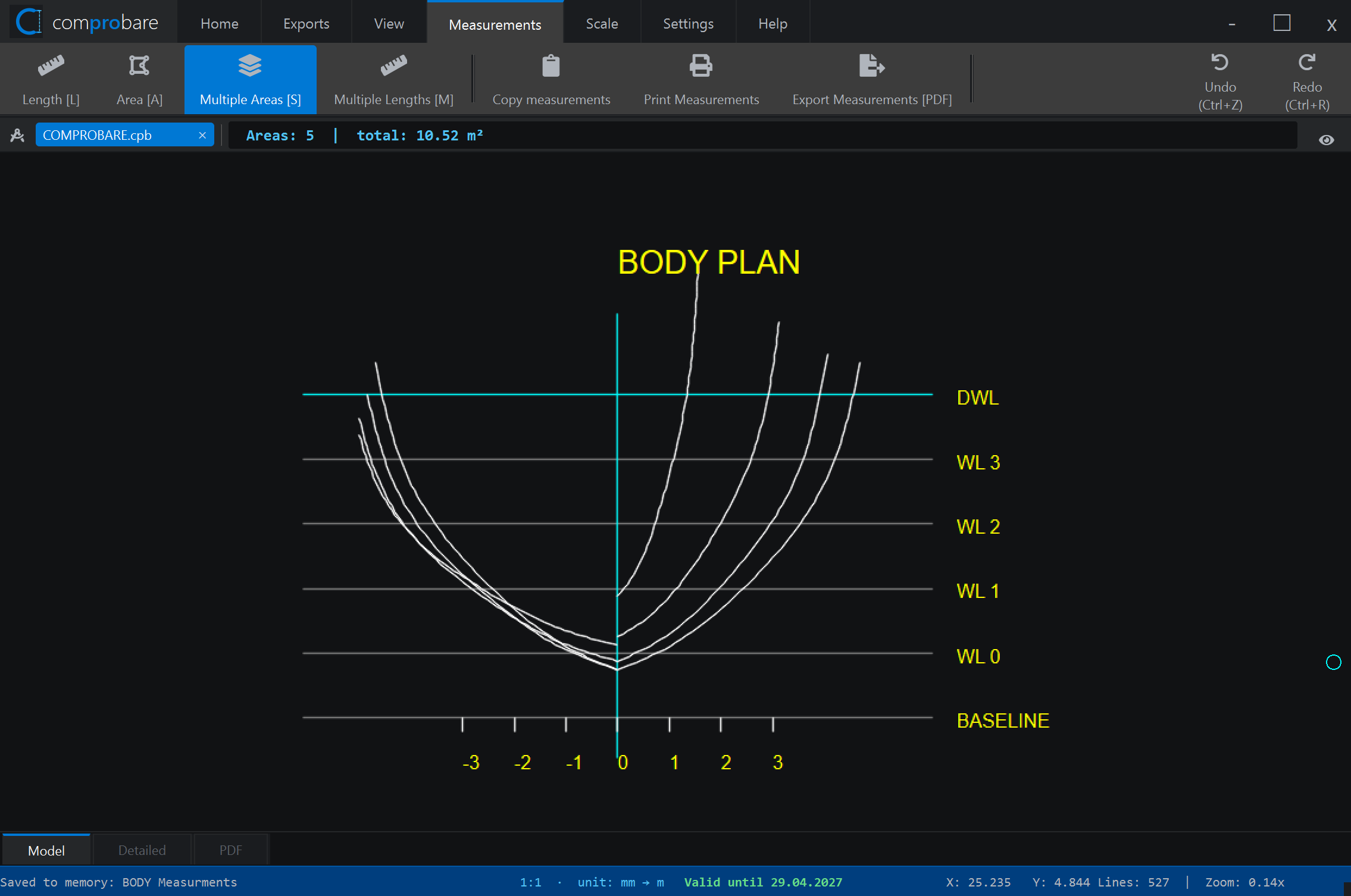Comprobare with a body plan drawing loaded and ready to measure